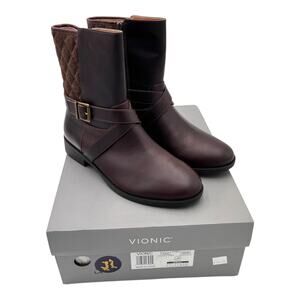 Vionic Sz 7 Thea Brown Leather Boots Quilted Weather Resistant Mid Calf NIB